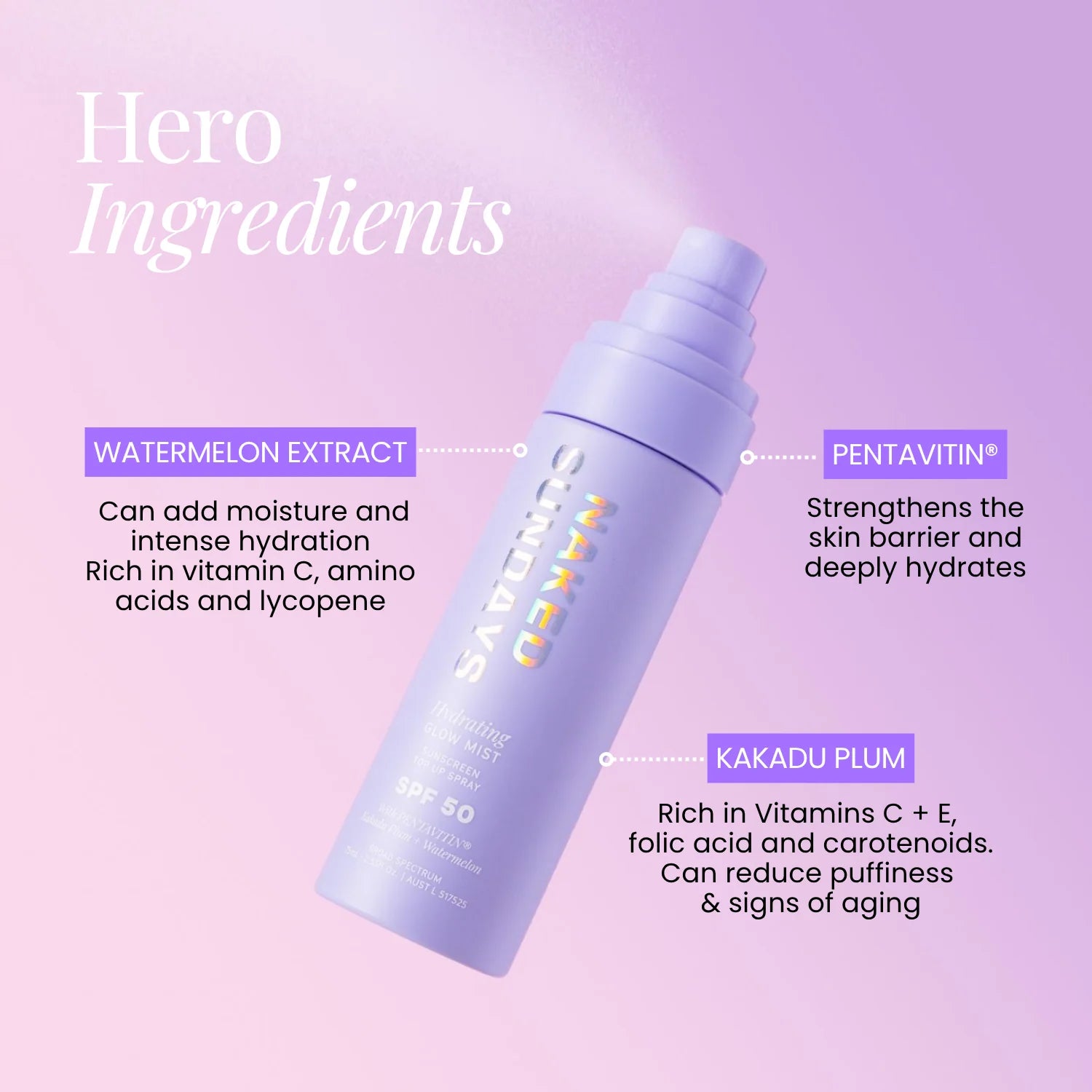 Naked Sunday Hydrating Glow Mist Top Up Spray SPF50 with Pentavitin