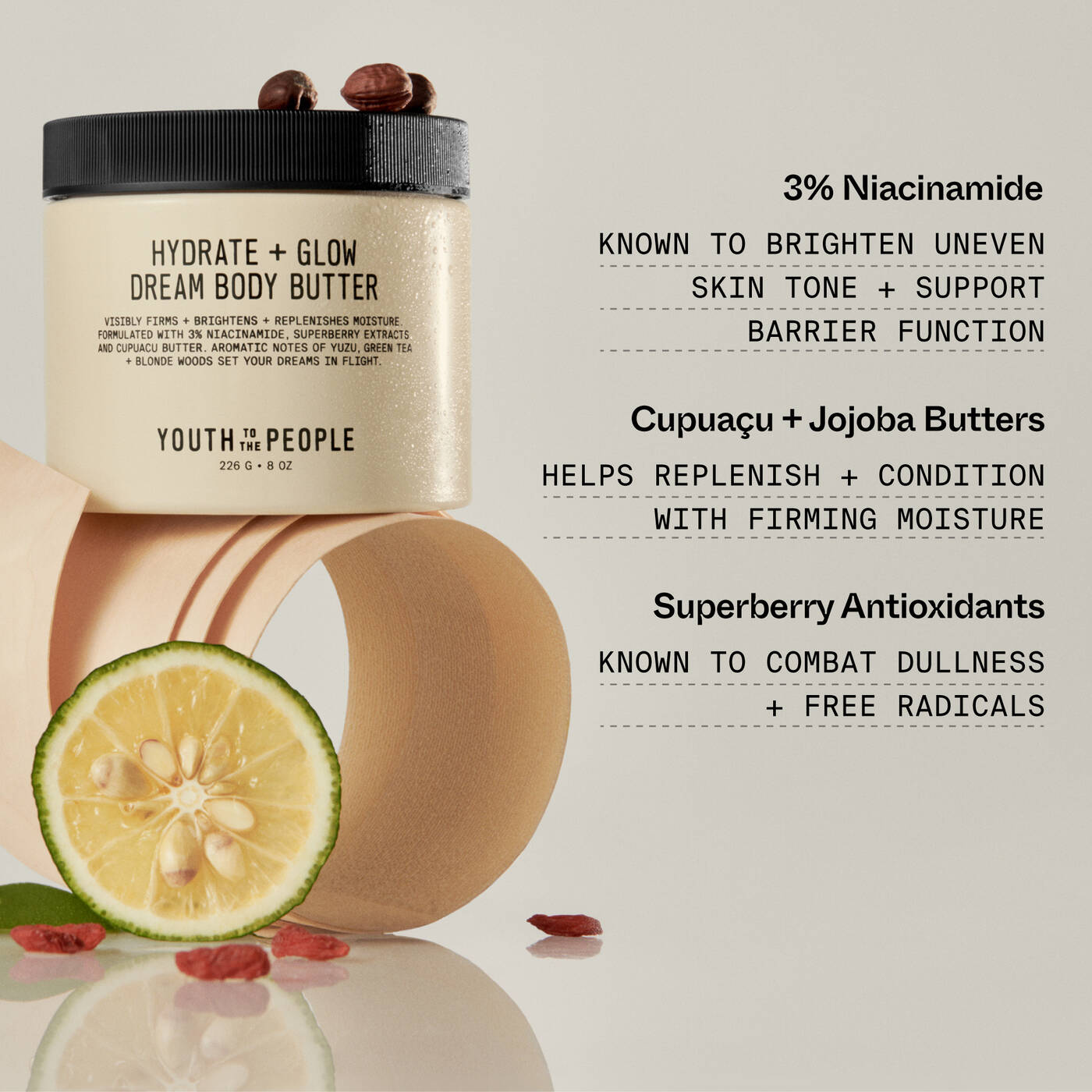 Youth To The People Superberry Firm + Glow Dream Body Butter with Niacinamide, Hyaluronic Acid + Antioxidants